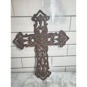 Cast Iron Cross Wall Decor Weathered Rustic 15x12" Ornate Easter Crucifix